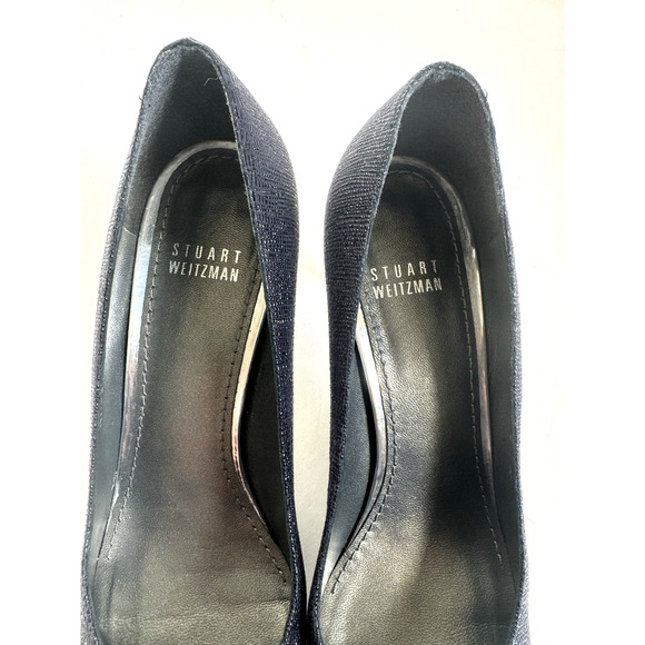 Stuart Weitzman Pumps 8N Black Textured Leather Pointed Toe Slim Heels Elegant - Picture 10 of 11